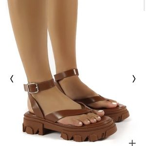 Deputy Tan PU Chunky Sole Ankle Wrap Thong Strap Sandals